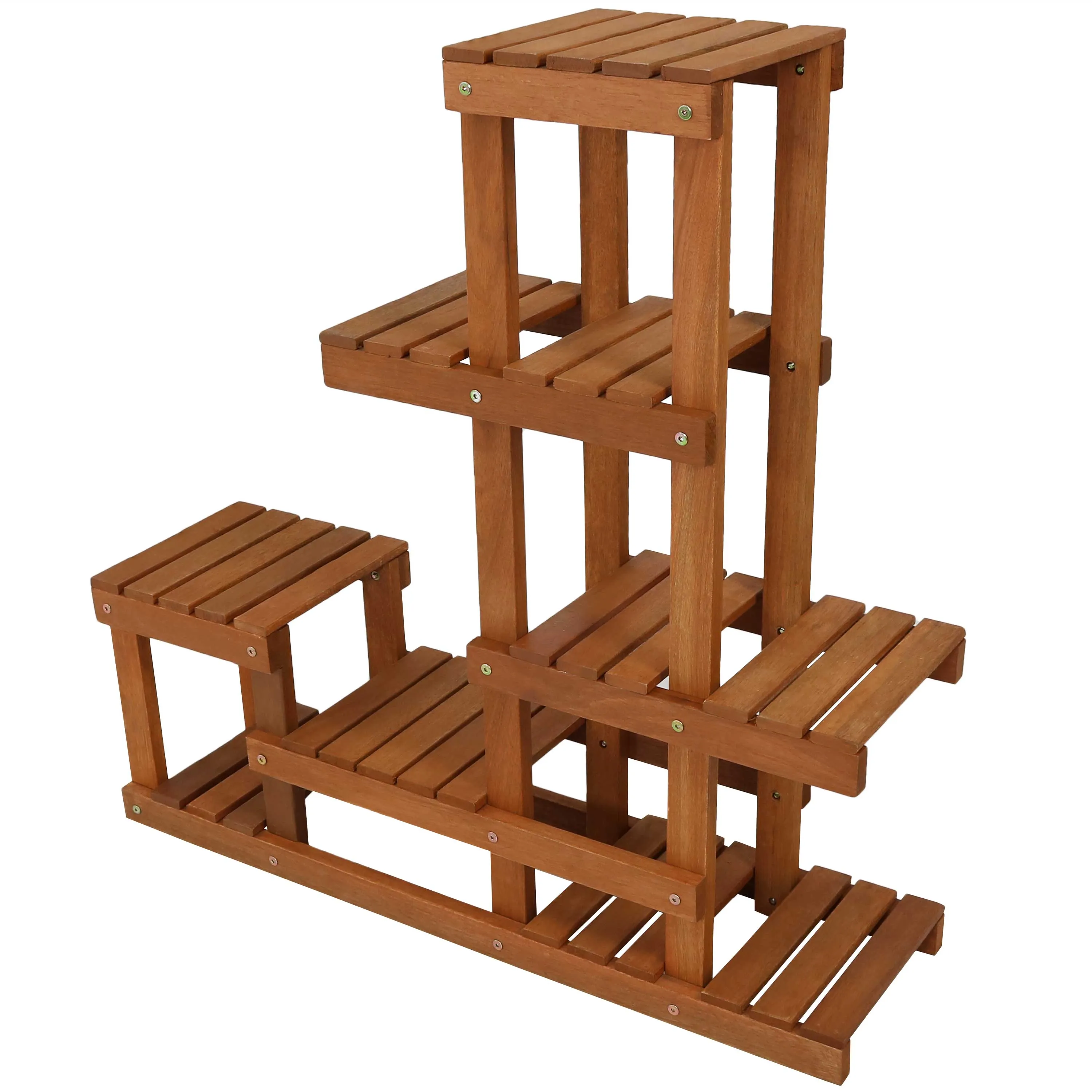 Sunnydaze Meranti Wood Multi-Tiered Plant Stand - Teak Oil Finish