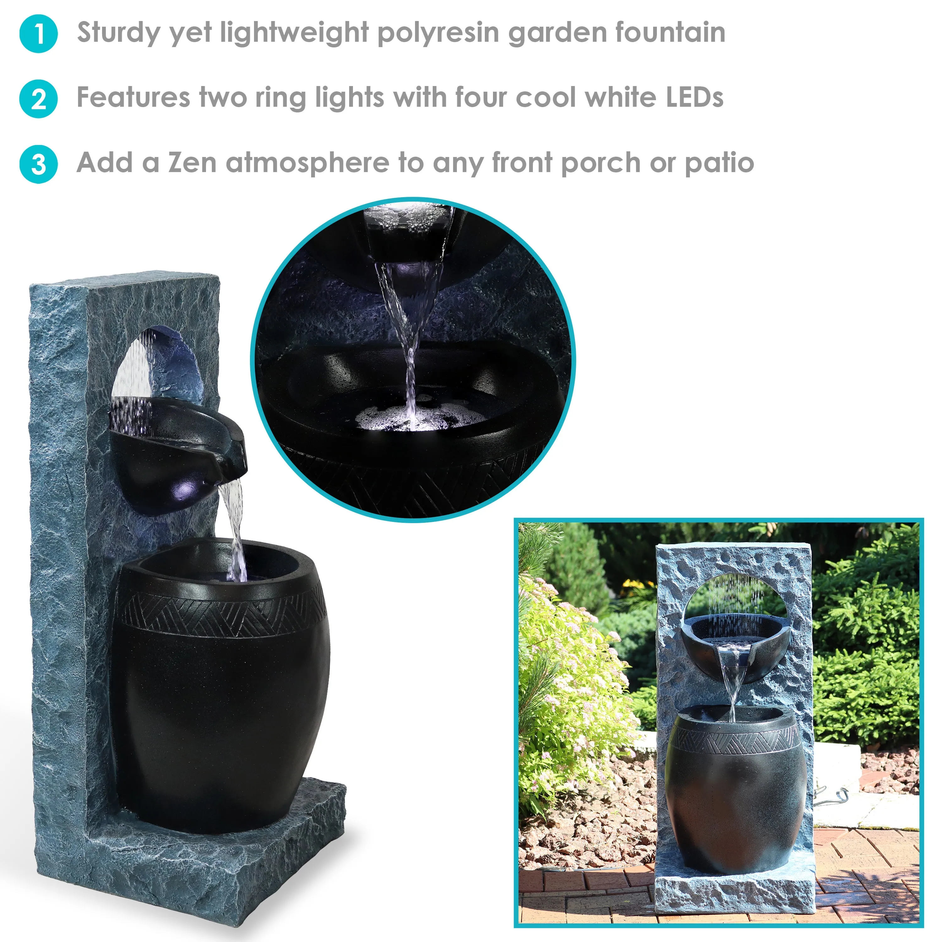 Sunnydaze Peaceful Rain Outdoor Water Fountain with LEDs - 31.75" H