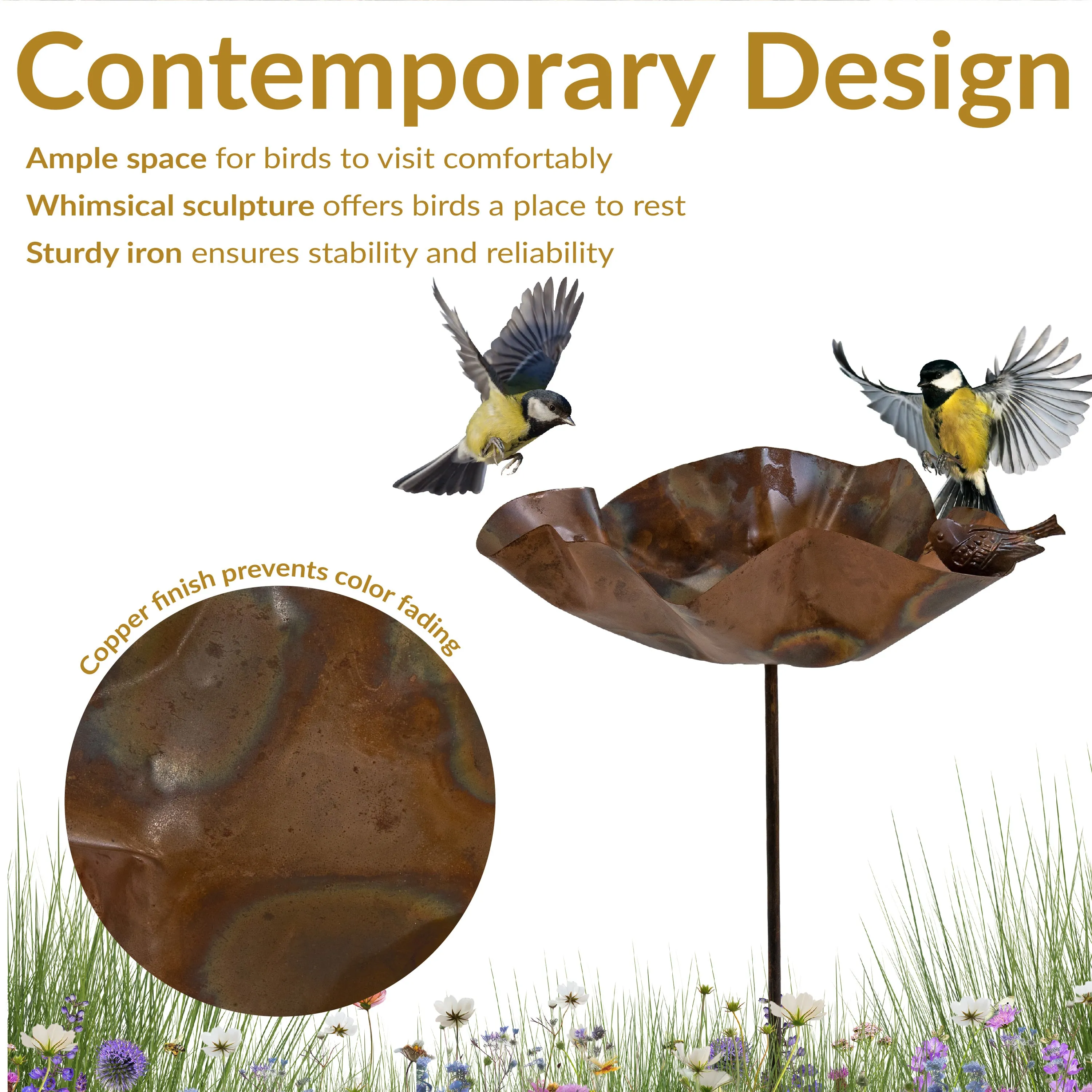 Sunnydaze Staked Copper Bird Bath with Bird Figurine - 34.25"