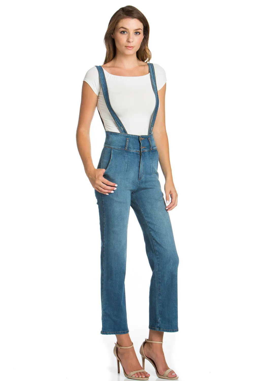 That Girl Cropped Flared Denim Overalls Medium Wash