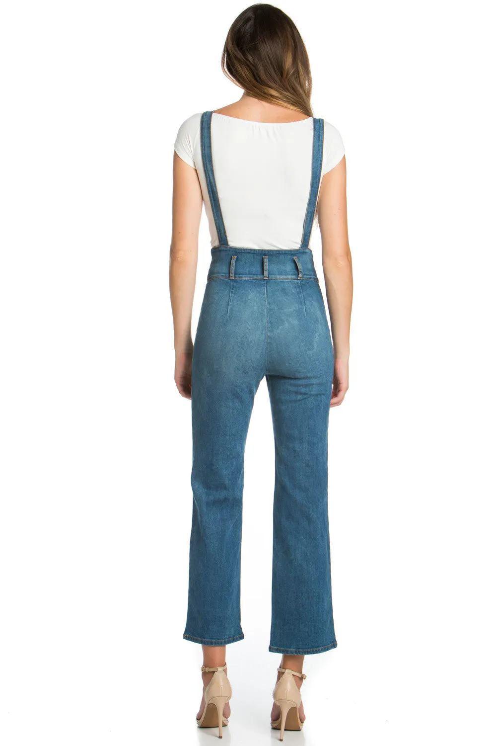 That Girl Cropped Flared Denim Overalls Medium Wash