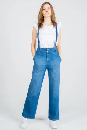 That Girl Cropped Flared Denim Overalls Medium Wash