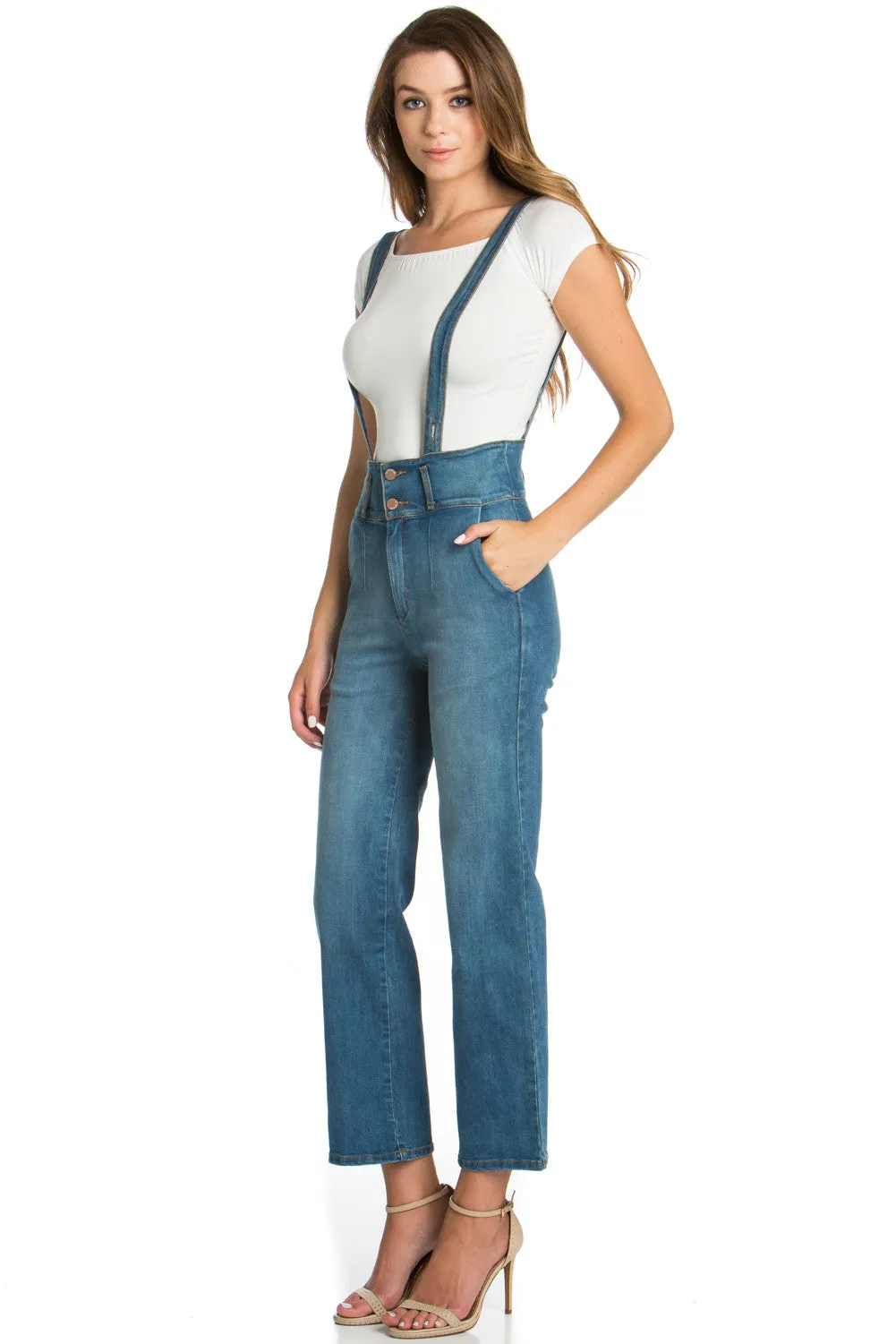 That Girl Cropped Flared Denim Overalls Medium Wash