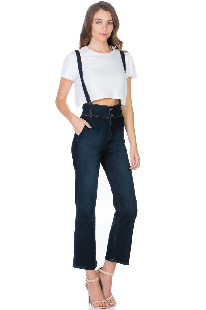 That Girl Cropped Flared Denim Overalls Medium Wash