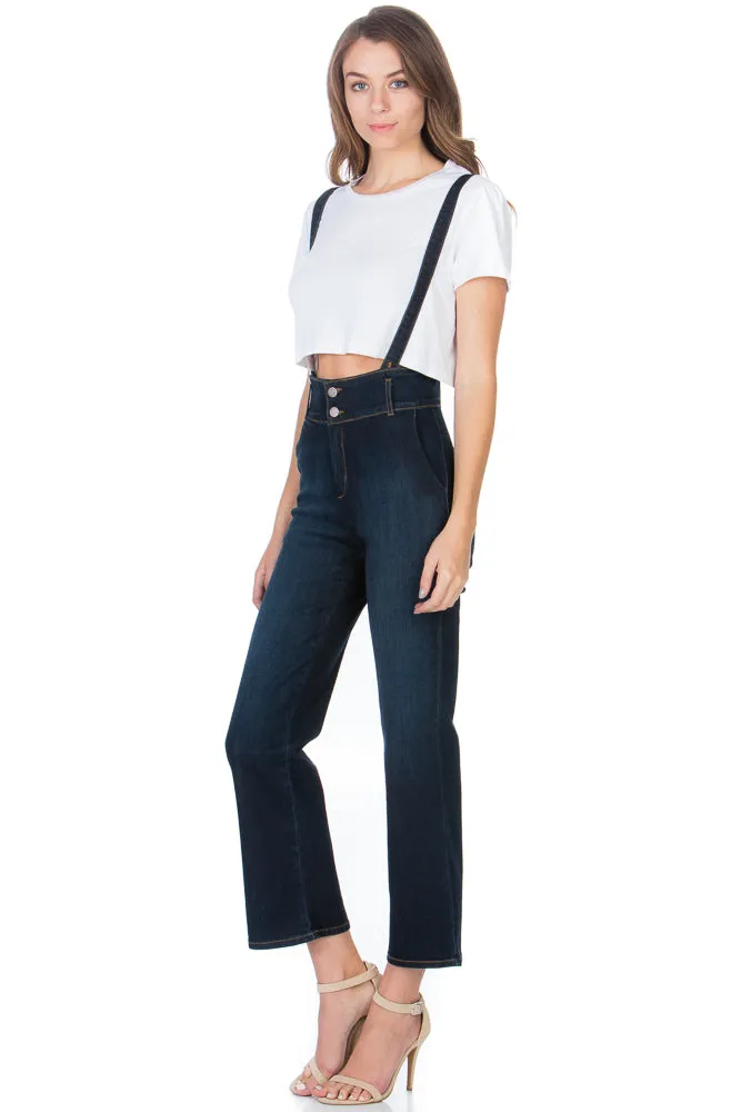 That Girl Cropped Flared Denim Overalls Medium Wash