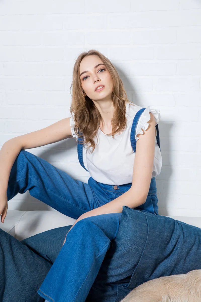 That Girl Cropped Flared Denim Overalls Medium Wash