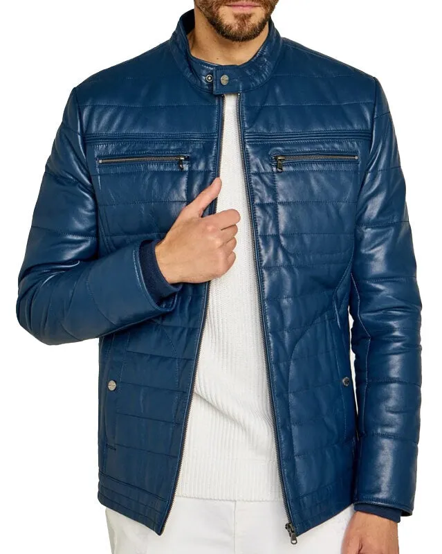 Trendy Men's Blue Leather Jacket with Striped Stitching