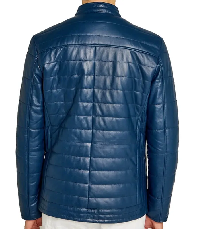 Trendy Men's Blue Leather Jacket with Striped Stitching