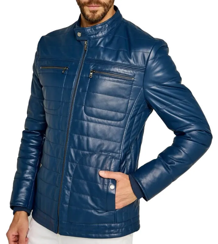 Trendy Men's Blue Leather Jacket with Striped Stitching