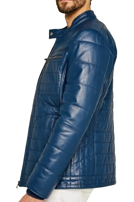 Trendy Men's Blue Leather Jacket with Striped Stitching