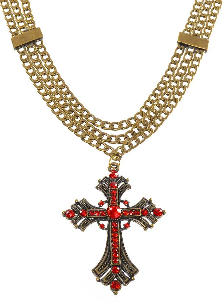 Triple Chain Rustic Gothic Cross Deluxe Necklace