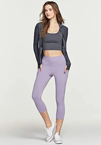 TSLA High Waist Yoga Pants with Pockets, Tummy Control Yoga Leggings, Non See-Through Workout Running Tights, Capris Pocket Peachy Lavender