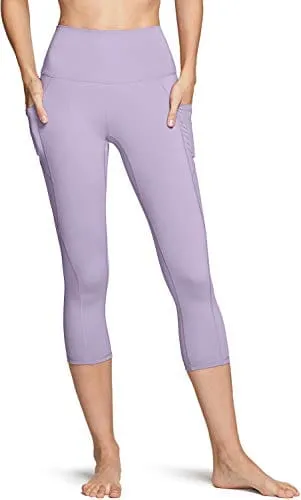 TSLA High Waist Yoga Pants with Pockets, Tummy Control Yoga Leggings, Non See-Through Workout Running Tights, Capris Pocket Peachy Lavender