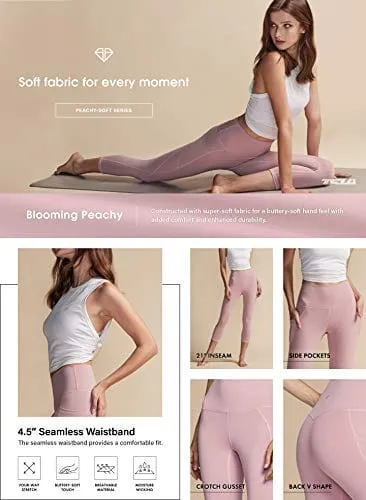 TSLA High Waist Yoga Pants with Pockets, Tummy Control Yoga Leggings, Non See-Through Workout Running Tights, Capris Pocket Peachy Lavender