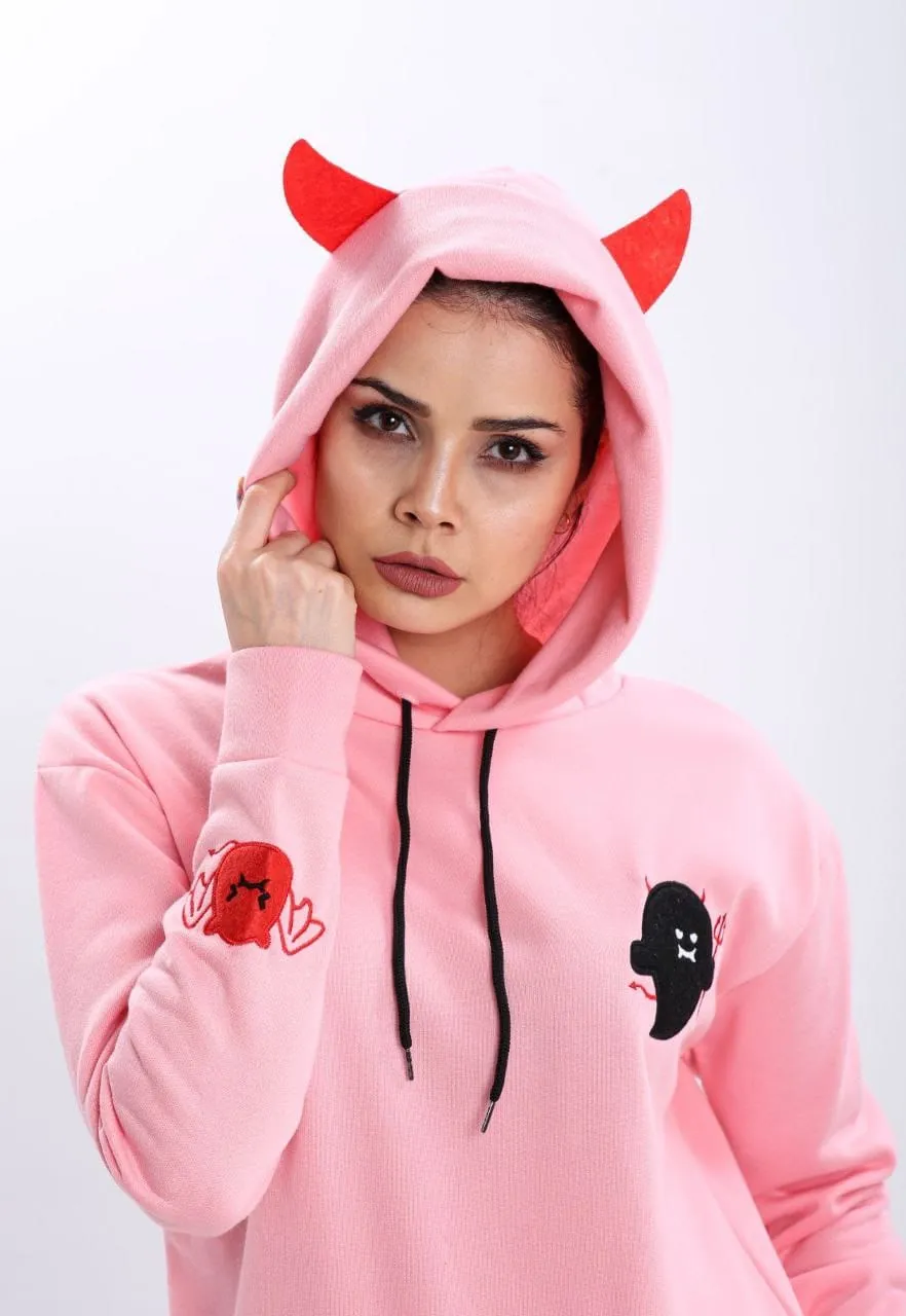 Turkish Kawaii Ghost Women's Hoodie Ears Pullover Sweatshirt - Pink