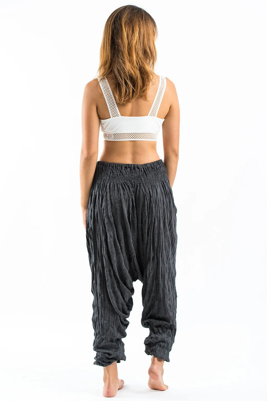 Unisex Crinkled Cotton Harem Pants in Black