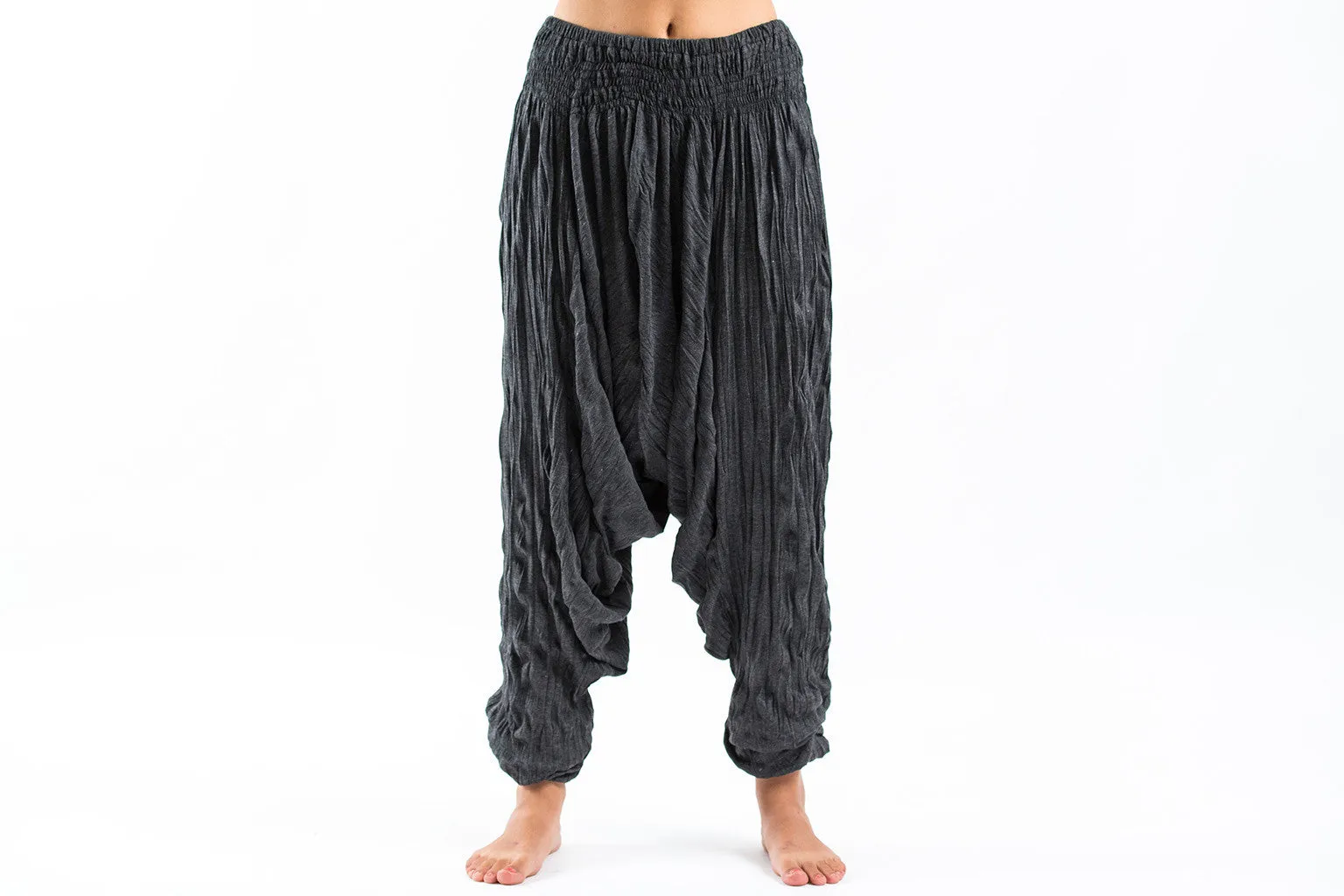 Unisex Crinkled Cotton Harem Pants in Black