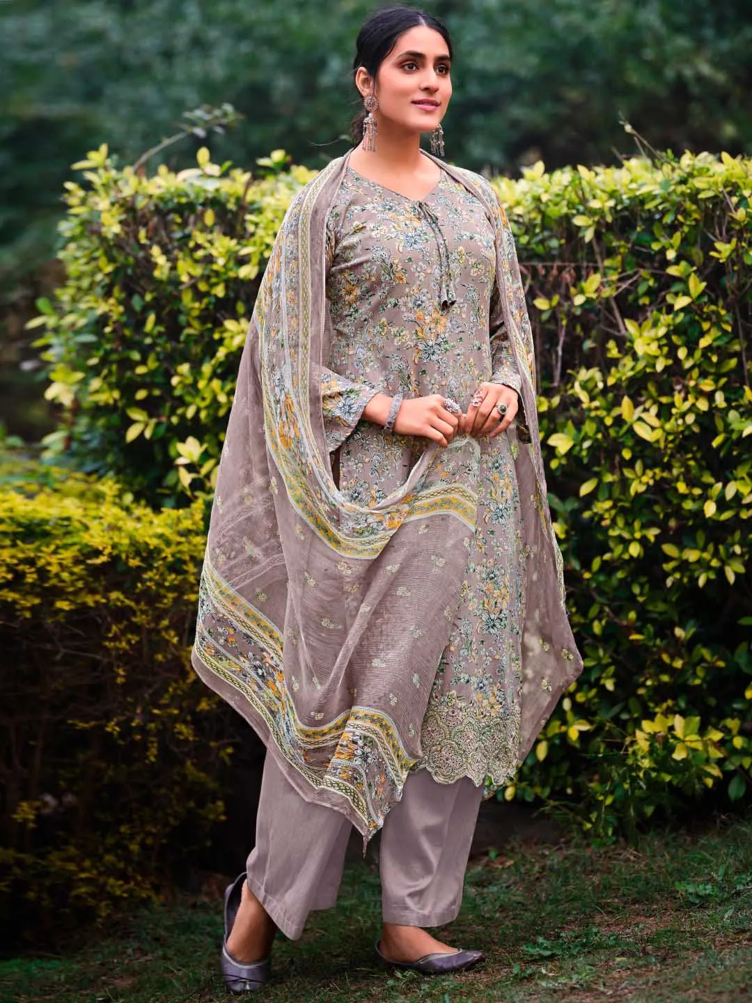 Unstitched Cotton Printed Suit Material with Embroidery Grey