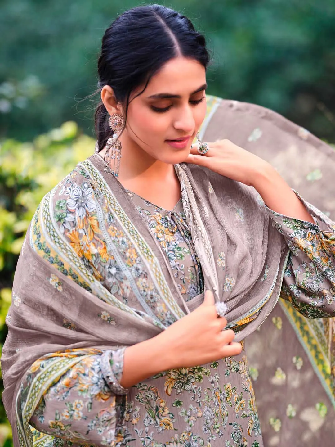 Unstitched Cotton Printed Suit Material with Embroidery Grey