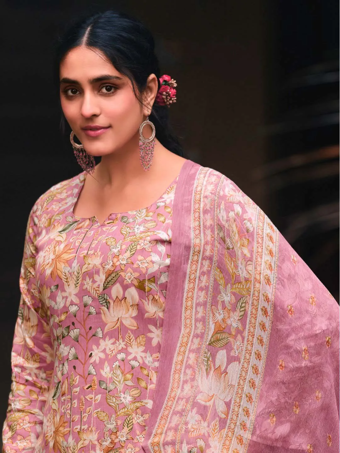 Unstitched Cotton Printed Suit Material with Embroidery Pink