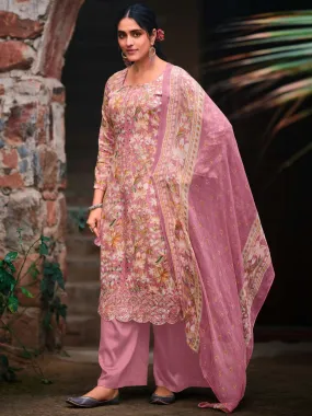 Unstitched Cotton Printed Suit Material with Embroidery Pink