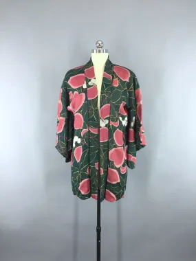 Vintage 1930s Silk Haori Kimono Cardigan / Art Deco Green & Pink Floral Print