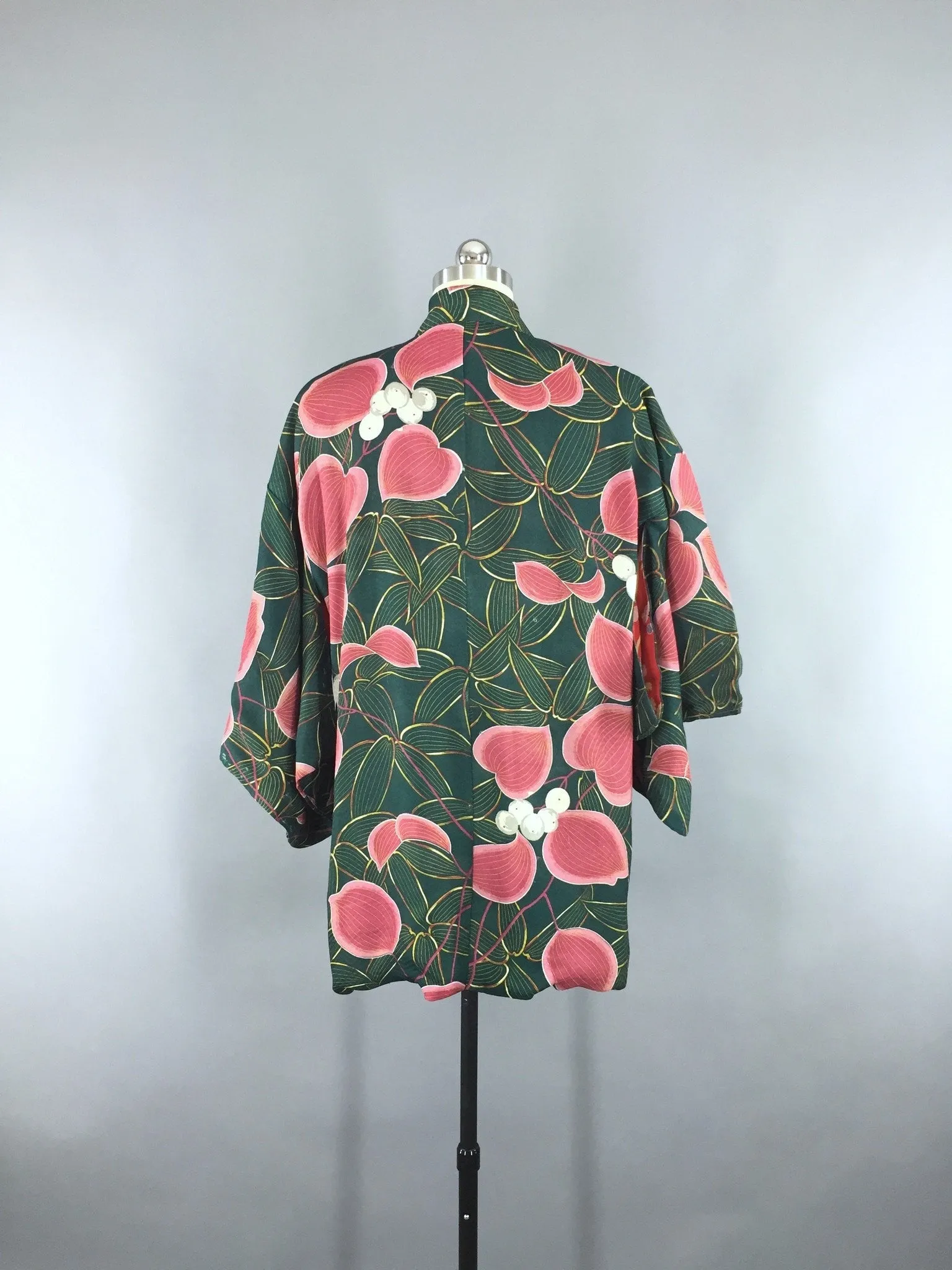 Vintage 1930s Silk Haori Kimono Cardigan / Art Deco Green & Pink Floral Print