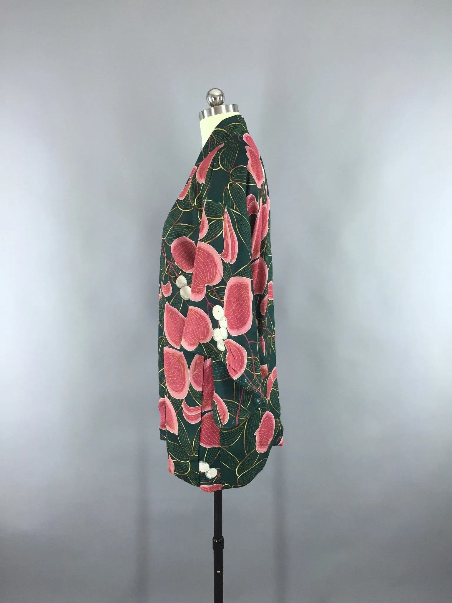 Vintage 1930s Silk Haori Kimono Cardigan / Art Deco Green & Pink Floral Print