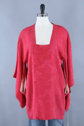 Vintage Silk Kimono Jacket / Raspberry Red Flying Cranes