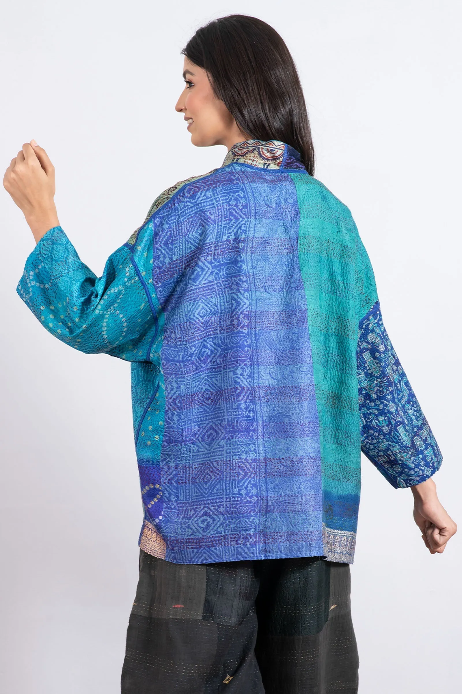 VINTAGE SILK PATCH KANTHA MINI KIMONO JKT - vp2055-blu -