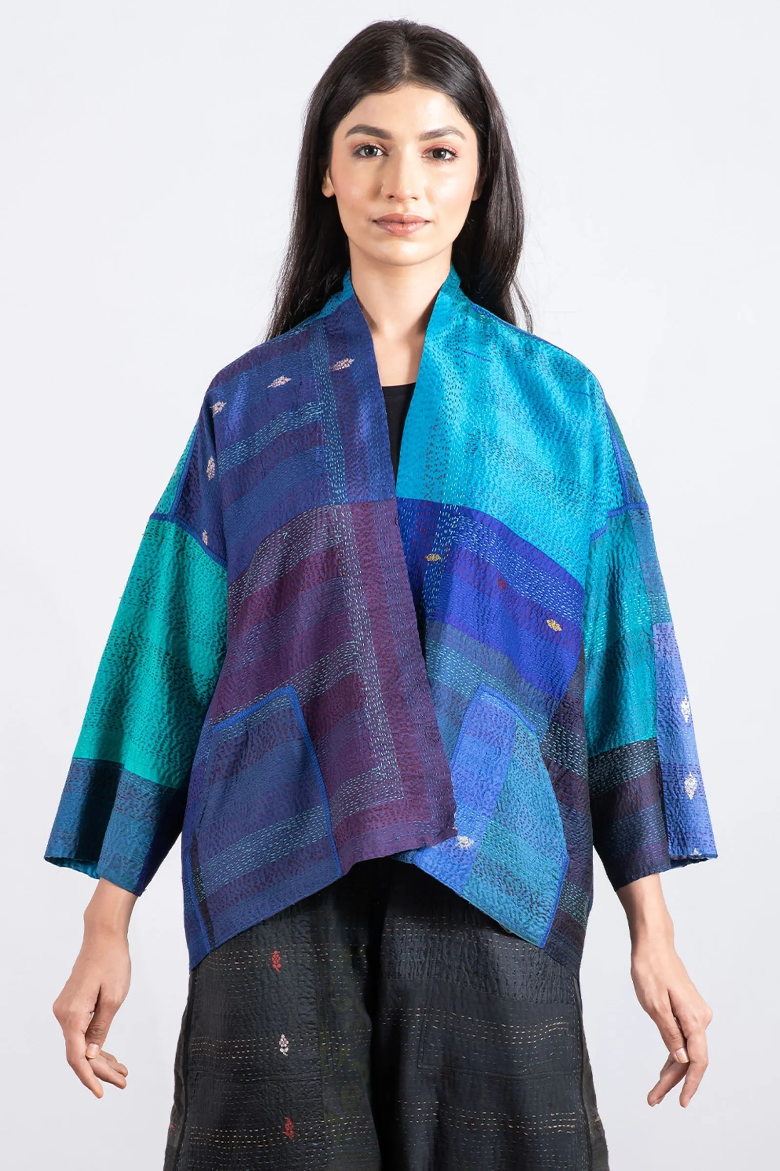 VINTAGE SILK PATCH KANTHA MINI KIMONO JKT - vp2055-blu -