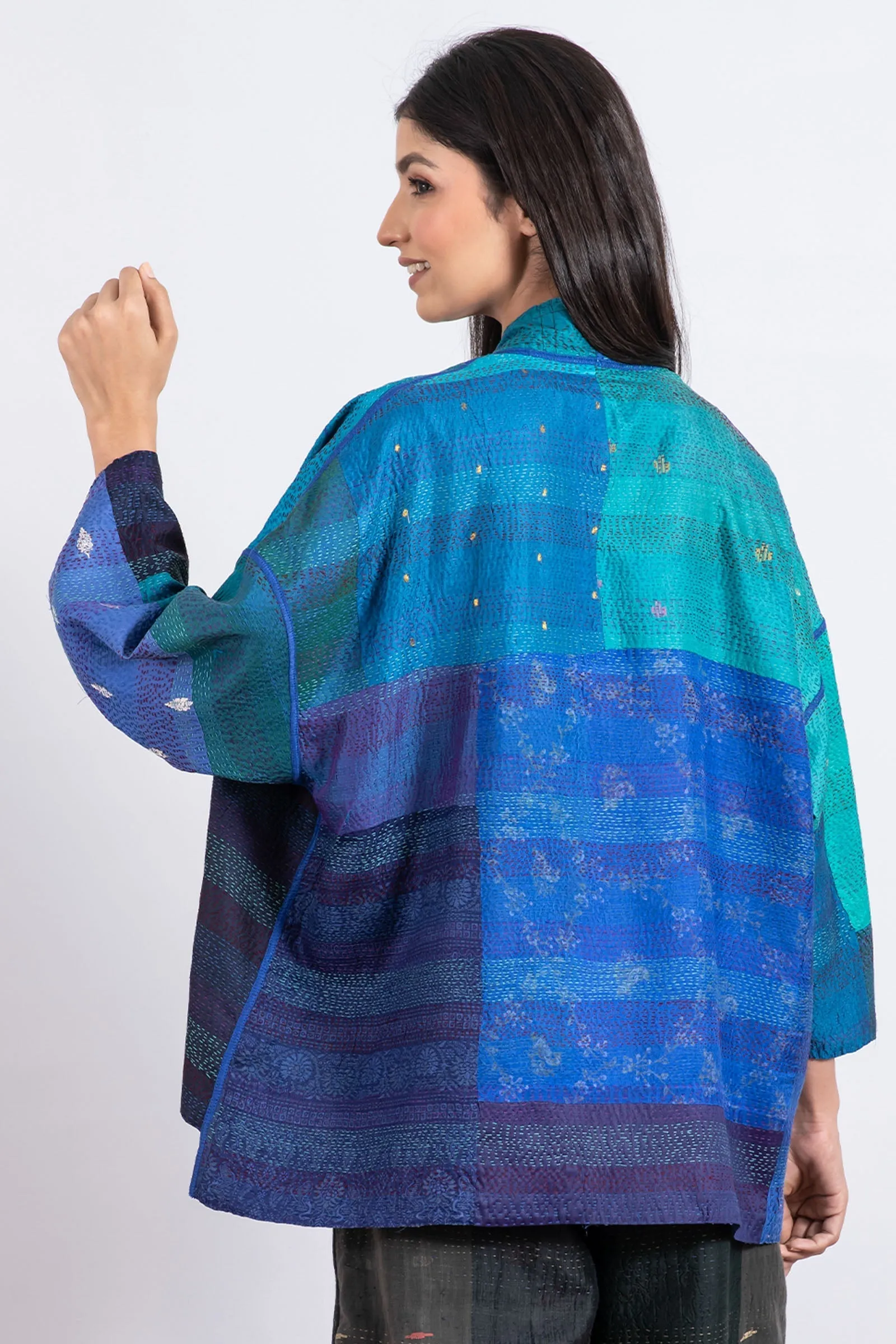 VINTAGE SILK PATCH KANTHA MINI KIMONO JKT - vp2055-blu -