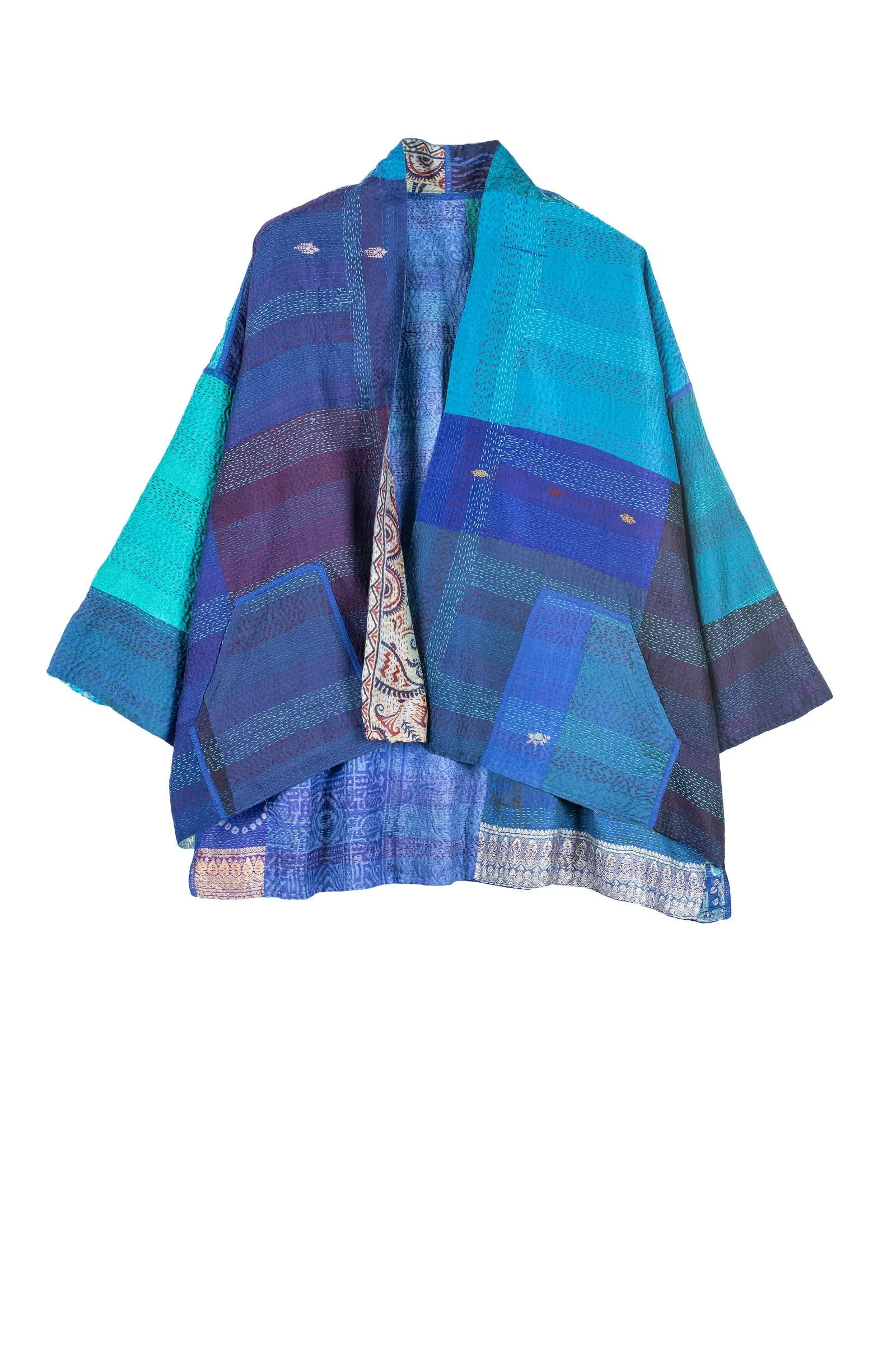 VINTAGE SILK PATCH KANTHA MINI KIMONO JKT - vp2055-blu -