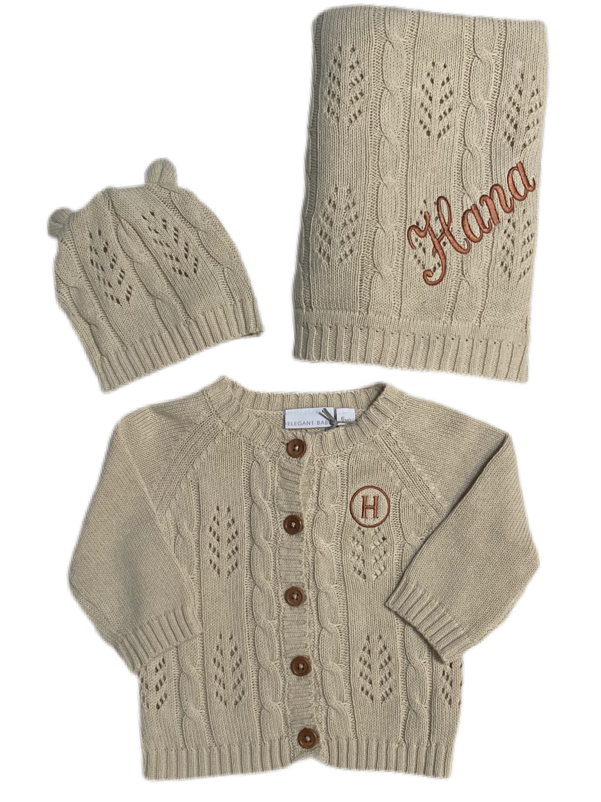 Wheat pointelle  leaf knit baby gift set * monogramming available