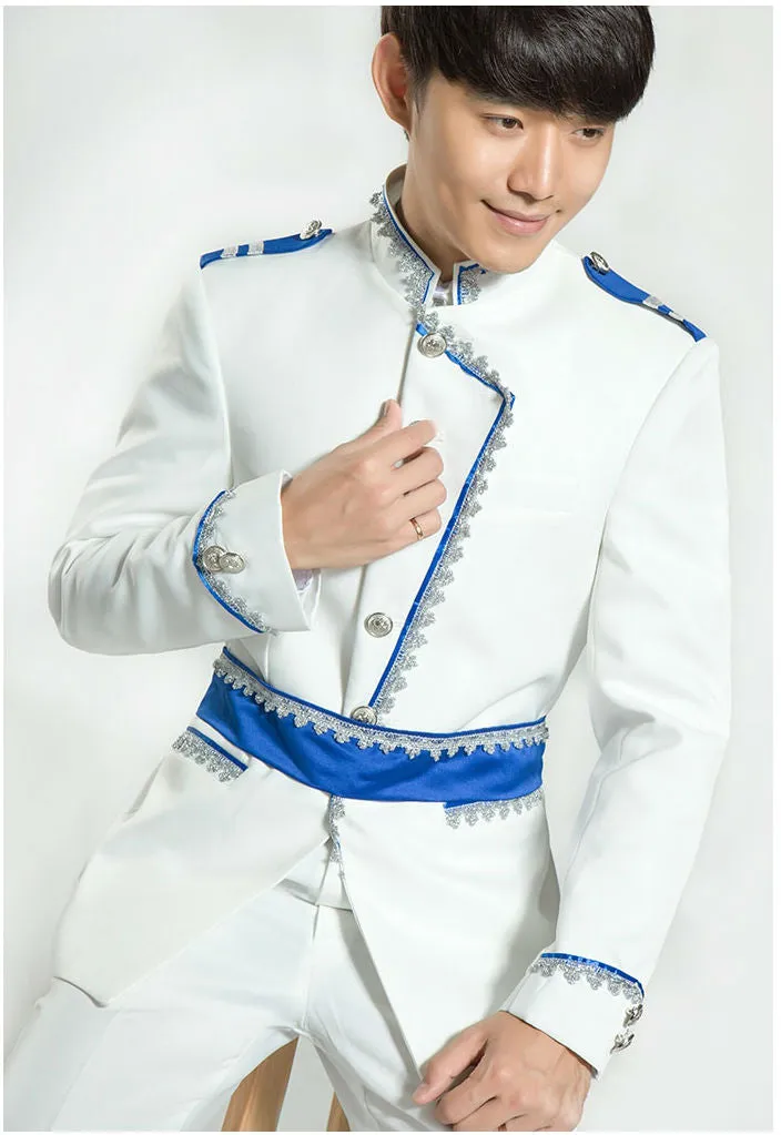 White and Blue Three Pieces Set Royal Court Costume Men Suits