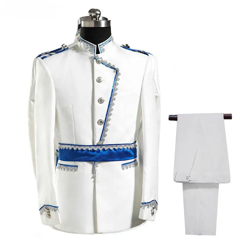 White and Blue Three Pieces Set Royal Court Costume Men Suits