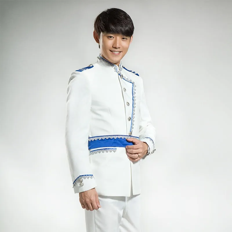 White and Blue Three Pieces Set Royal Court Costume Men Suits