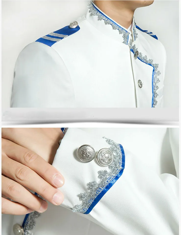 White and Blue Three Pieces Set Royal Court Costume Men Suits