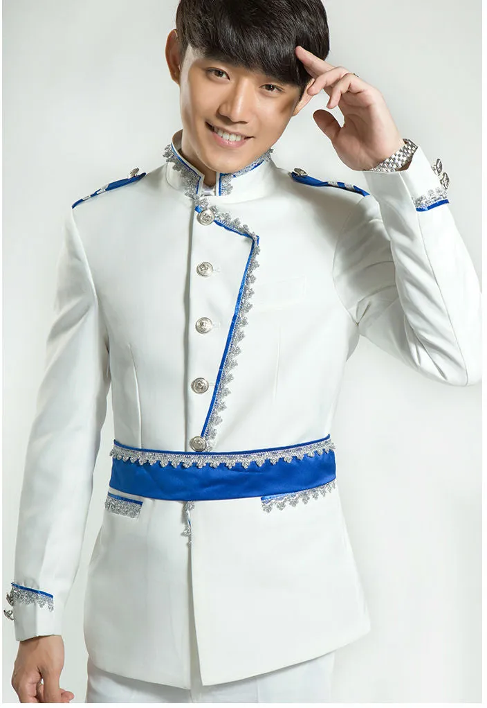 White and Blue Three Pieces Set Royal Court Costume Men Suits