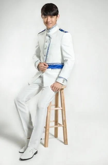 White and Blue Three Pieces Set Royal Court Costume Men Suits