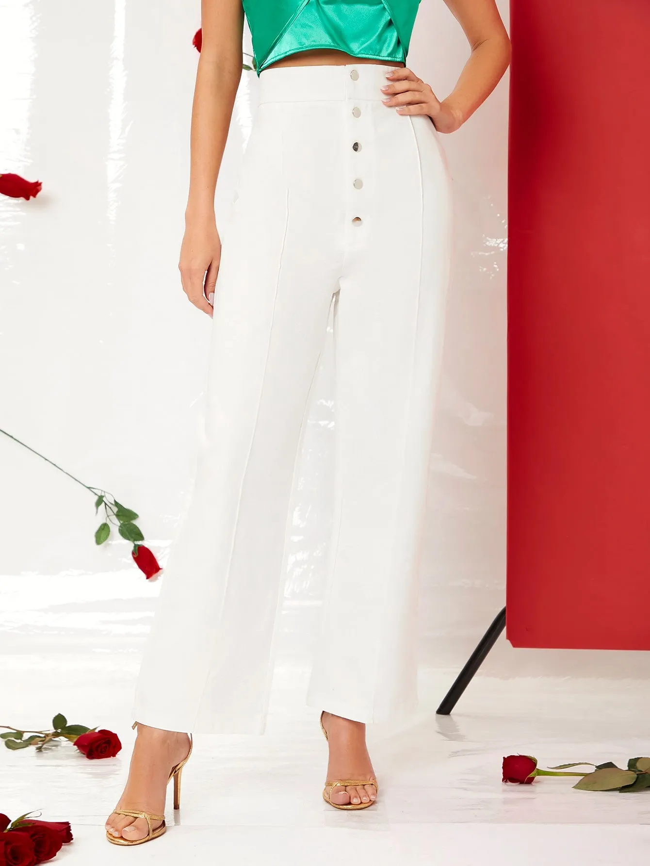 White Button Fly Seam Front High Waist Pants