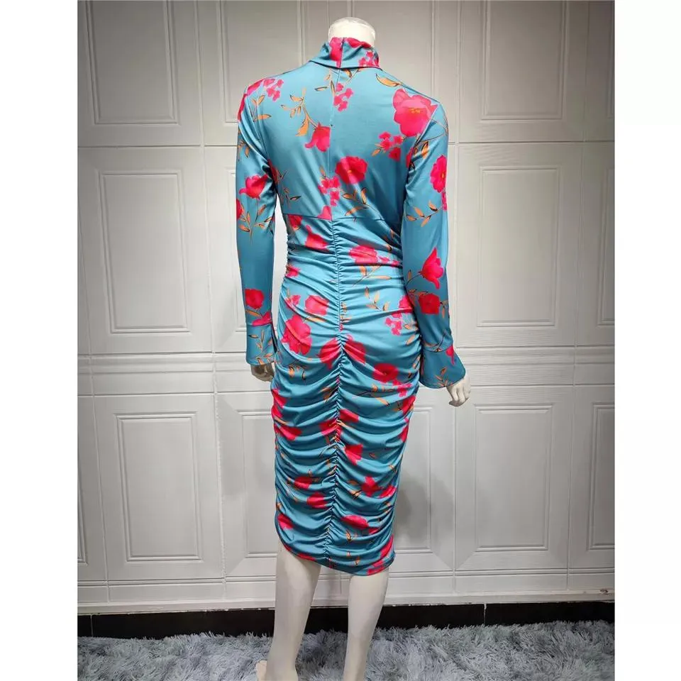 Women Long Sleeve Turtleneck Midi Bodycon Print Pleated Gown S4549421