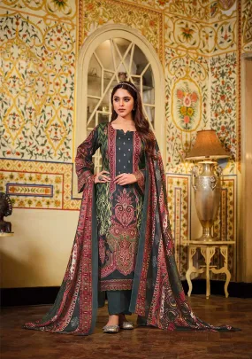 Women Pakistani Print Green Unstitched Cotton Suit Dress Material