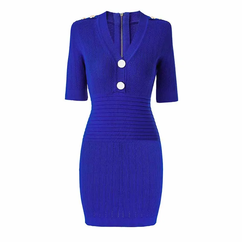 Women Royal-blue Long Sleeve V-Neck Mini Knit Dress