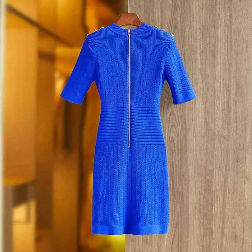 Women Royal-blue Long Sleeve V-Neck Mini Knit Dress