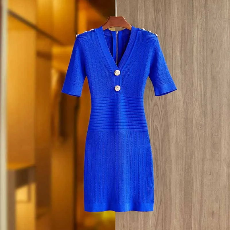 Women Royal-blue Long Sleeve V-Neck Mini Knit Dress