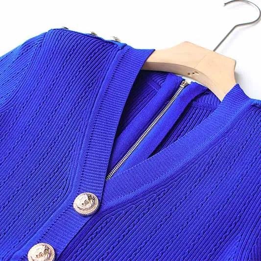 Women Royal-blue Long Sleeve V-Neck Mini Knit Dress