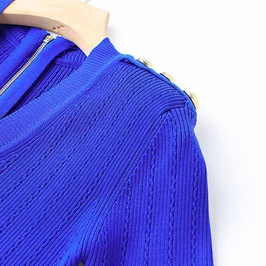 Women Royal-blue Long Sleeve V-Neck Mini Knit Dress