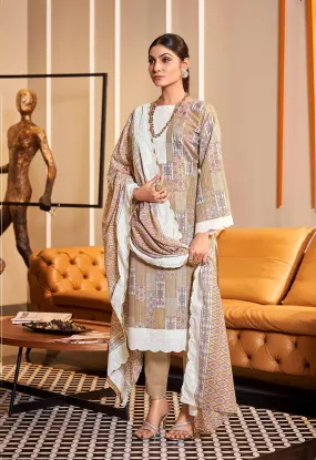 Women Unstitched Printed Pure Cotton Beige Suit Dress Material