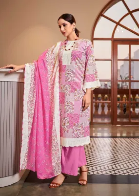 Women Unstitched Printed Pure Cotton Pink Suit Dress Material